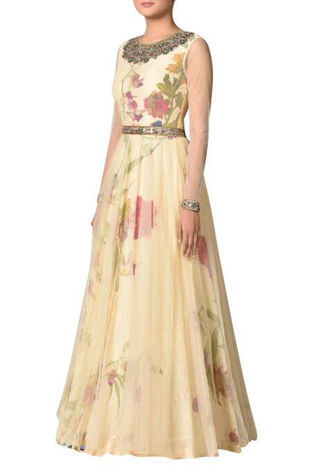 RI.Ritu Kumar_Beige Nylon Net Round Printed Gown_Online_at_Aza_Fashions