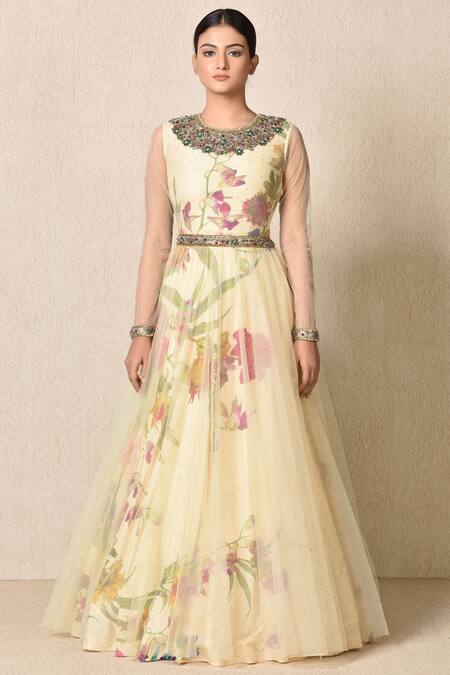 Buy_RI.Ritu Kumar_Beige Nylon Net Round Printed Gown_Online_at_Aza_Fashions