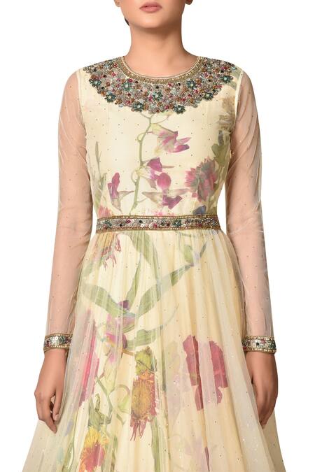 RI.Ritu Kumar_Beige Nylon Net Round Printed Gown_at_Aza_Fashions