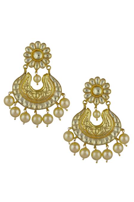 Shop_Maisara Jewelry_Gold Plated Kundan Chandbalis_at_Aza_Fashions