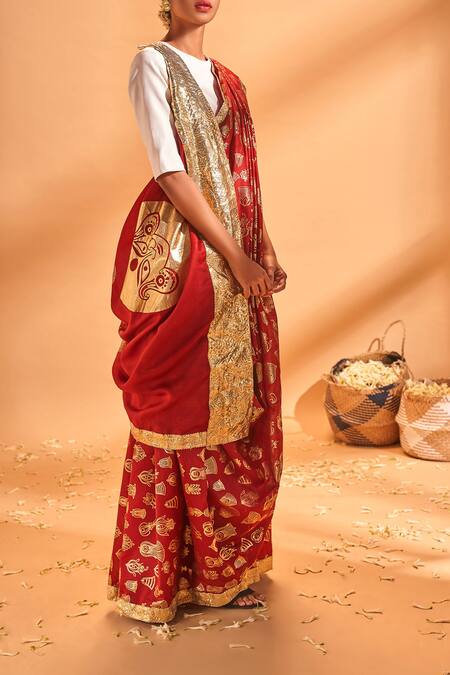 Shop_Masaba_Maroon Printed Chanderi Saree With Unstitched Blouse Fabric_at_Aza_Fashions