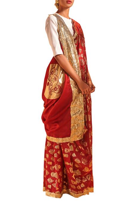 Masaba_Maroon Printed Chanderi Saree With Unstitched Blouse Fabric_Online_at_Aza_Fashions