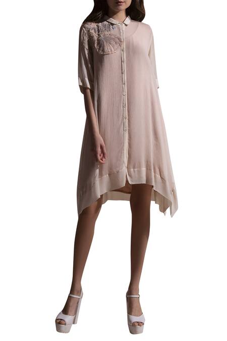 Shop Abhishek Sharma Pink Chiffon Spread Collar Embroidered Shirt Dress at Aza Fashions Shop_Abhishek Sharma_Pink Chiffon Spread Collar Embroidered Shirt Dress_at_Aza_Fashions