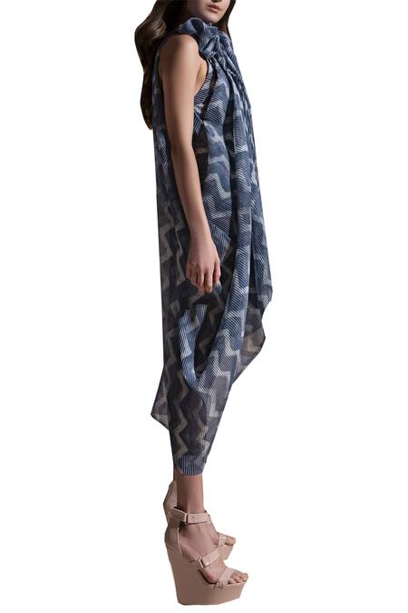 Abhishek Sharma_Blue Georgette Batik Print Dress_Online_at_Aza_Fashions