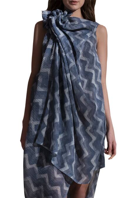 Shop_Abhishek Sharma_Blue Georgette Batik Print Dress_Online_at_Aza_Fashions