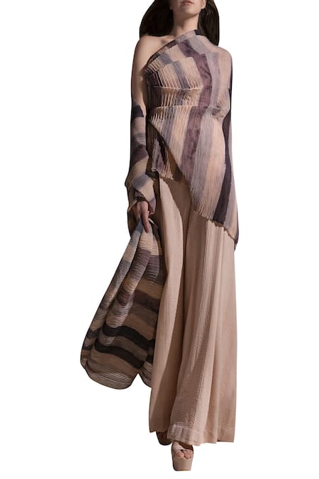 Buy_Abhishek Sharma_Multi Color Georgette Asymmetric Batik Print Draped Top_Online_at_Aza_Fashions