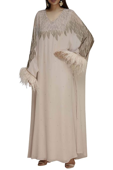 Not So Serious By Pallavi Mohan Beige Embroidered Kaftan Dress