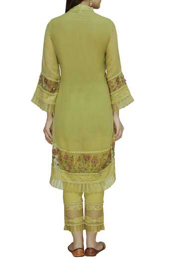 Shop Poonam Dubey Yellow Organza, Chikankari V Neck Kurta Set at Aza Fashions Shop_Poonam Dubey_Yellow Organza, Chikankari V Neck Kurta Set_at_Aza_Fashions