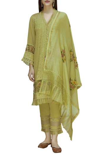 Poonam Dubey Yellow Organza, Chikankari V Neck Kurta Set Online at Aza Fashions Poonam Dubey_Yellow Organza, Chikankari V Neck Kurta Set_Online_at_Aza_Fashions