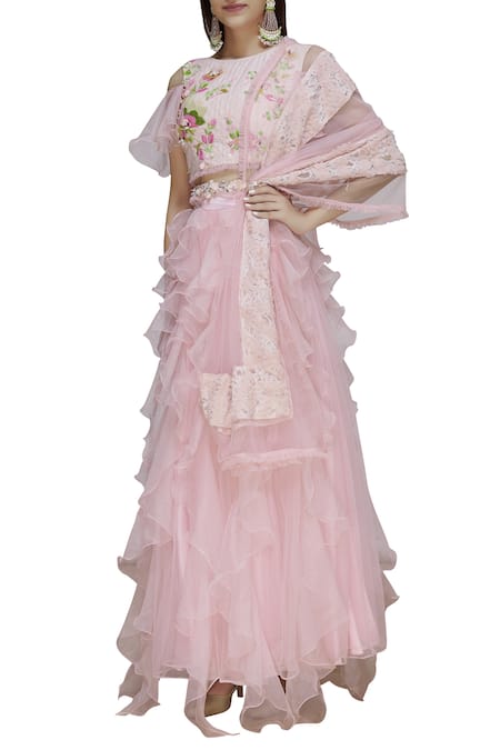 Divya Kanakia Pink Net 3d Floral Round Embellished Lehenga Set 