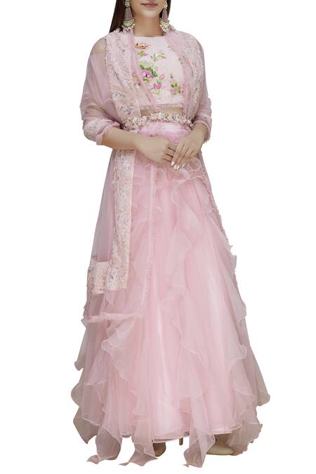 Divya Kanakia_Pink Net 3d Floral Round Embellished Lehenga Set _Online_at_Aza_Fashions
