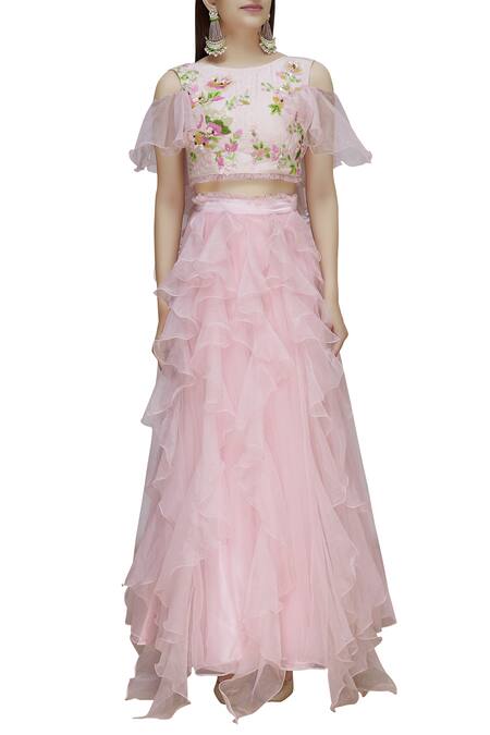 Shop_Divya Kanakia_Pink Net 3d Floral Round Embellished Lehenga Set _Online_at_Aza_Fashions