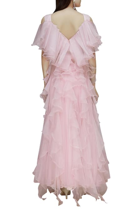 Shop_Divya Kanakia_Pink Net 3d Floral Round Embellished Lehenga Set _at_Aza_Fashions