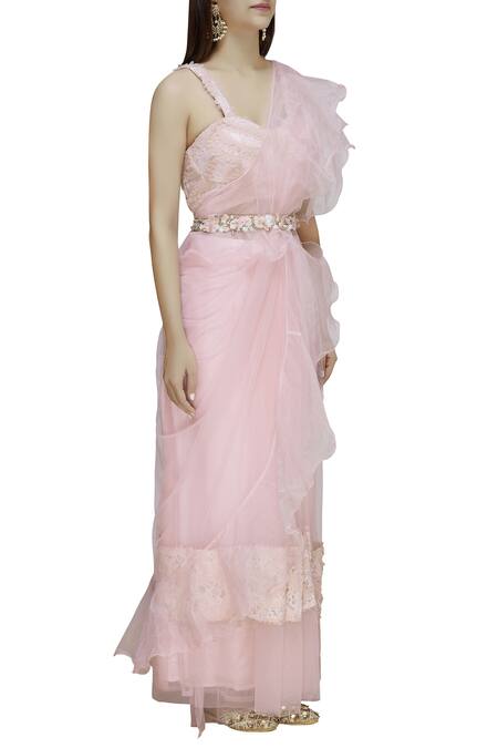 Divya Kanakia_Pink Pre-pleated Saree Set _Online_at_Aza_Fashions