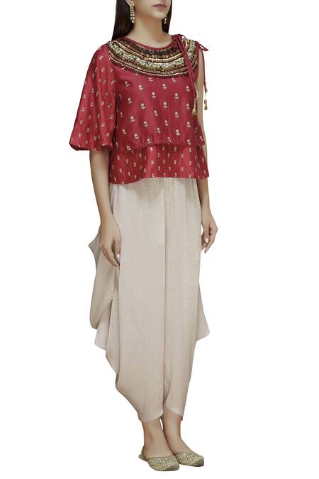 Divya Kanakia_Gold Chanderi, Satin 3d Floral Motif Round Kurta And Dhoti Pant Set _Online_at_Aza_Fashions