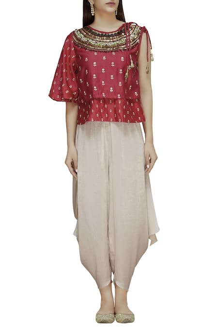 Buy_Divya Kanakia_Gold Chanderi, Satin 3d Floral Motif Round Kurta And Dhoti Pant Set _Online_at_Aza_Fashions