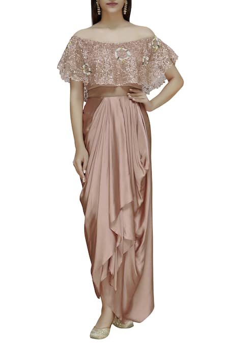Divya Kanakia Pink Sequin Off Shoulder Embellished Draped Gown 
