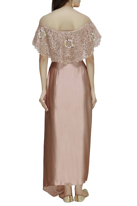 Shop_Divya Kanakia_Pink Sequin Off Shoulder Embellished Draped Gown _at_Aza_Fashions