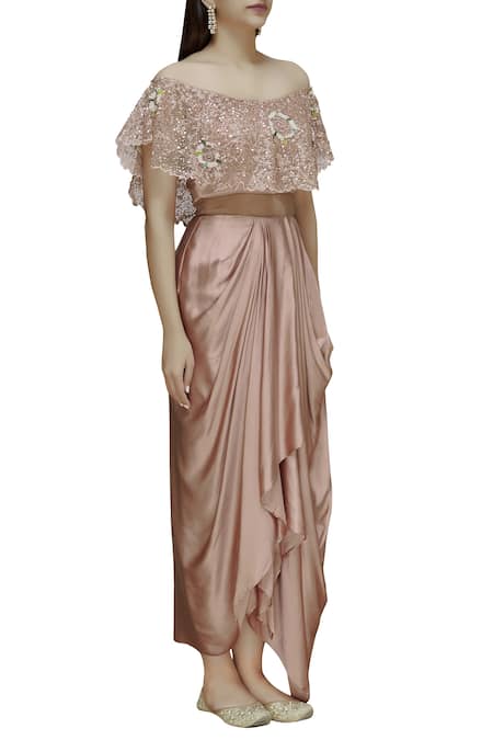 Divya Kanakia_Pink Sequin Off Shoulder Embellished Draped Gown _Online_at_Aza_Fashions