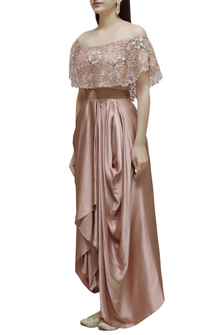 Buy_Divya Kanakia_Pink Sequin Off Shoulder Embellished Draped Gown _Online_at_Aza_Fashions