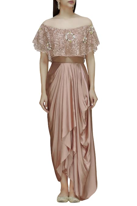 Shop_Divya Kanakia_Pink Sequin Off Shoulder Embellished Draped Gown _Online_at_Aza_Fashions
