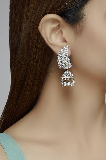 Shop Moh-Maya By Disha Khatri Silver Plated Stone Jhumkas at Aza Fashions Shop_Moh-Maya By Disha Khatri_Silver Plated Stone Jhumkas_at_Aza_Fashions