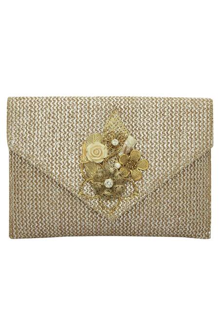 Moh-Maya By Disha Khatri Gold Embellished Envelope Clutch Online at Aza Fashions Moh-Maya By Disha Khatri_Gold Embellished Envelope Clutch_Online_at_Aza_Fashions
