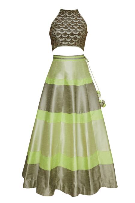 Shop_Vandana Sethi_Grey Dupion Silk Halter Embellished Lehenga Set_Online_at_Aza_Fashions