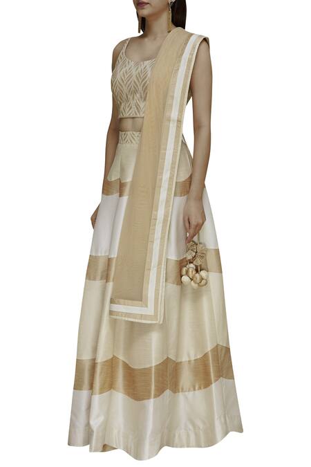 Vandana Sethi_Beige Dupion Silk Wide Neck Embroidered Lehenga Set_Online_at_Aza_Fashions