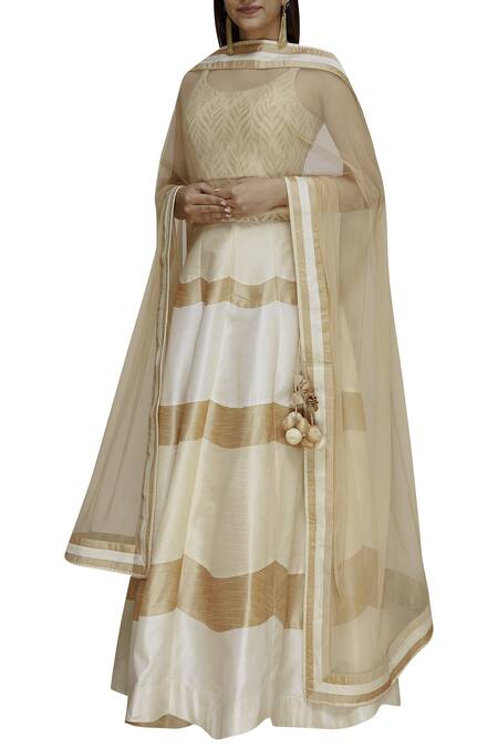 Buy_Vandana Sethi_Beige Dupion Silk Wide Neck Embroidered Lehenga Set_Online_at_Aza_Fashions