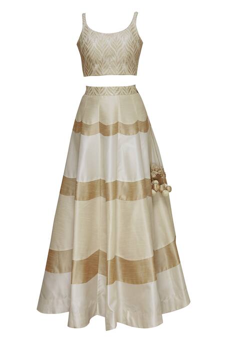 Shop_Vandana Sethi_Beige Dupion Silk Wide Neck Embroidered Lehenga Set_Online_at_Aza_Fashions