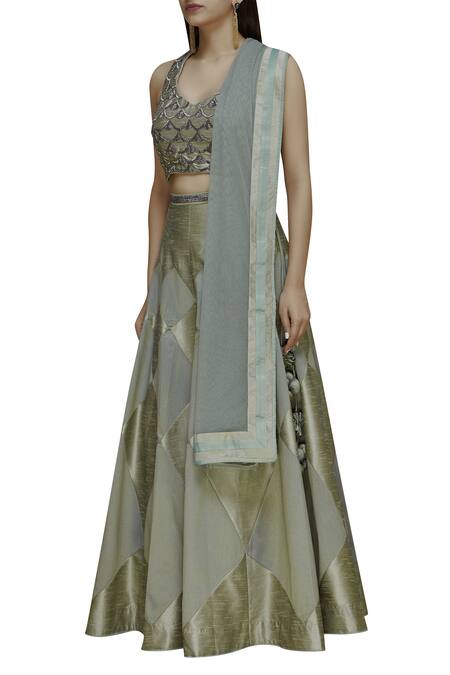 Vandana Sethi_Grey Dupion Silk V Neck Embellished Lehenga Set_Online_at_Aza_Fashions