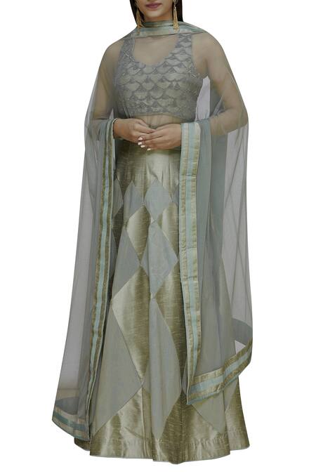 Buy_Vandana Sethi_Grey Dupion Silk V Neck Embellished Lehenga Set_Online_at_Aza_Fashions