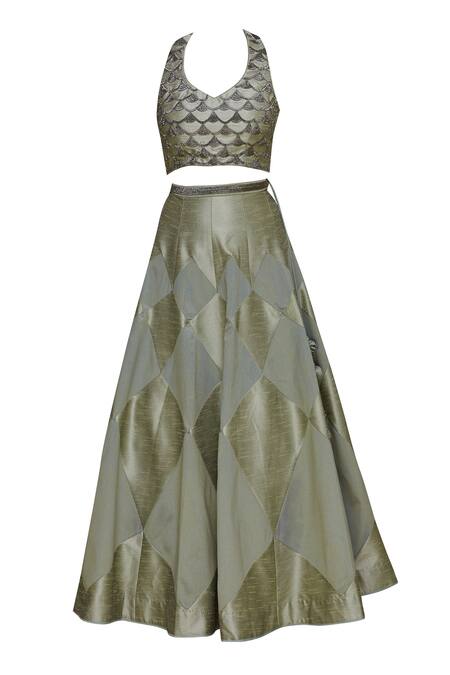 Shop_Vandana Sethi_Grey Dupion Silk V Neck Embellished Lehenga Set_Online_at_Aza_Fashions
