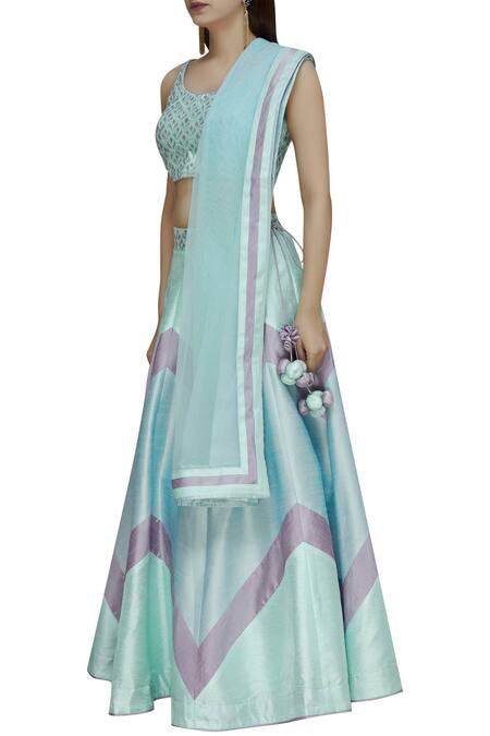 Vandana Sethi_Blue Dupion Silk Wide Neck Embroidered Lehenga Set_Online_at_Aza_Fashions