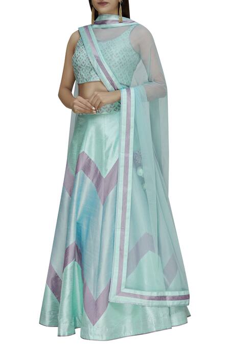 Buy_Vandana Sethi_Blue Dupion Silk Wide Neck Embroidered Lehenga Set_Online_at_Aza_Fashions