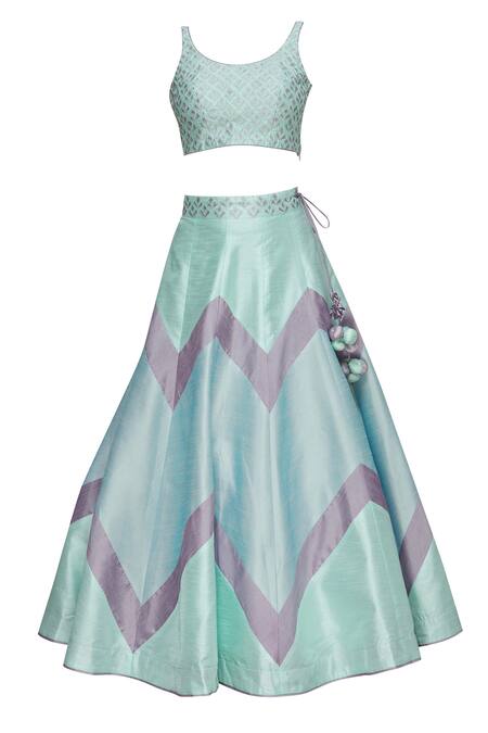 Shop_Vandana Sethi_Blue Dupion Silk Wide Neck Embroidered Lehenga Set_Online_at_Aza_Fashions