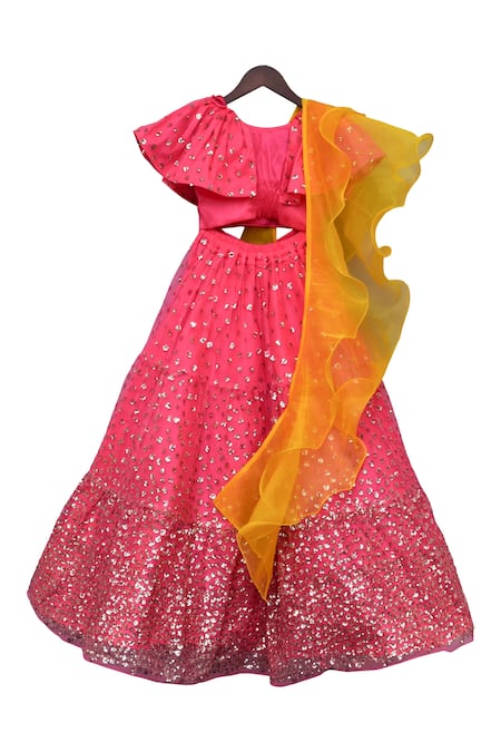 Shop Fayon Kids Pink Silk, Net, Organza Sequins Embroidered Lehenga Set at Aza Fashions Shop_Fayon Kids_Pink Silk, Net, Organza Sequins Embroidered Lehenga Set _at_Aza_Fashions