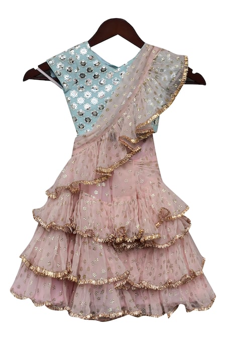 Fayon Kids Peach Chiffon, Georgette Sequins, Metallic Embroidered Pre-draped Lehenga Set
