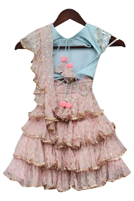 Shop Fayon Kids Peach Chiffon, Georgette Sequins, Metallic Embroidered Pre-draped Lehenga Set at Aza Fashions Shop_Fayon Kids_Peach Chiffon, Georgette Sequins, Metallic Embroidered Pre-draped Lehenga Set _at_Aza_Fashions