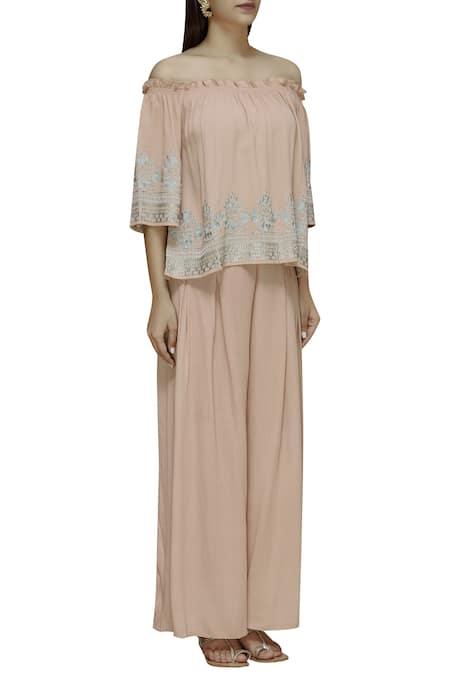 Ridhi Arora_Pink Viscose Moss Crepe One Shoulder Embroidered Top Palazzo Set_Online_at_Aza_Fashions