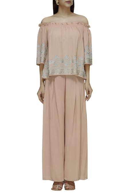 Buy_Ridhi Arora_Pink Viscose Moss Crepe One Shoulder Embroidered Top Palazzo Set_Online_at_Aza_Fashions