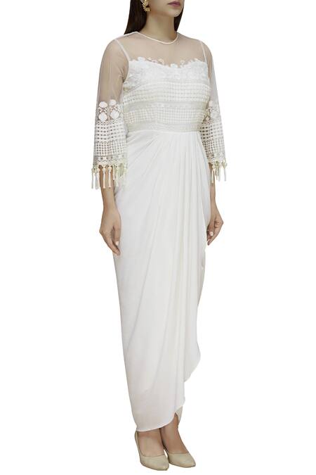 Ridhi Arora_Off White Bubble Crepe Round Embroidered Draped Gown_Online_at_Aza_Fashions