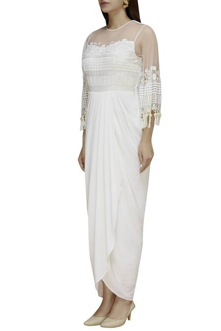 Buy_Ridhi Arora_Off White Bubble Crepe Round Embroidered Draped Gown_Online_at_Aza_Fashions
