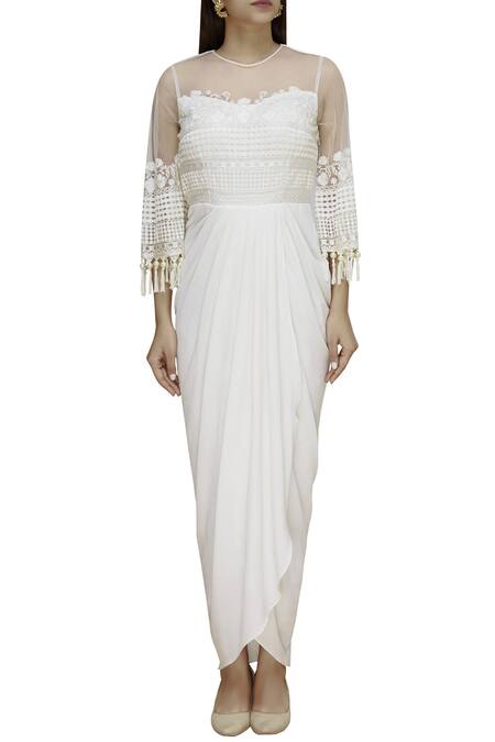 Shop_Ridhi Arora_Off White Bubble Crepe Round Embroidered Draped Gown_Online_at_Aza_Fashions