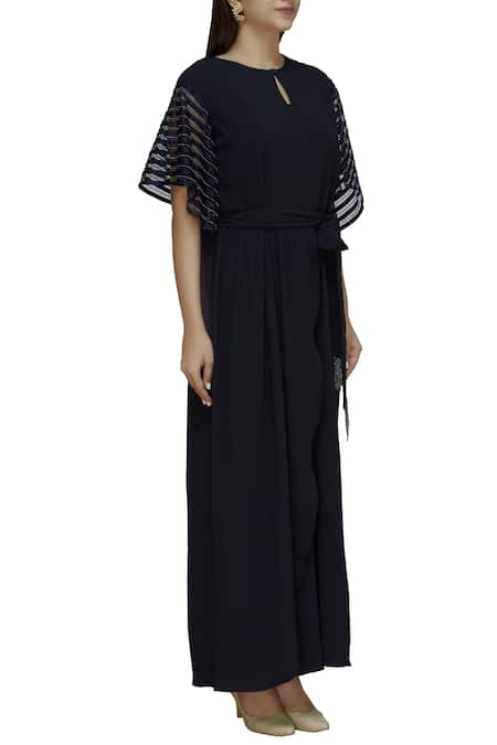 Ridhi Arora_Blue Bubble Crepe Round Embroidered Jumpsuit_Online_at_Aza_Fashions