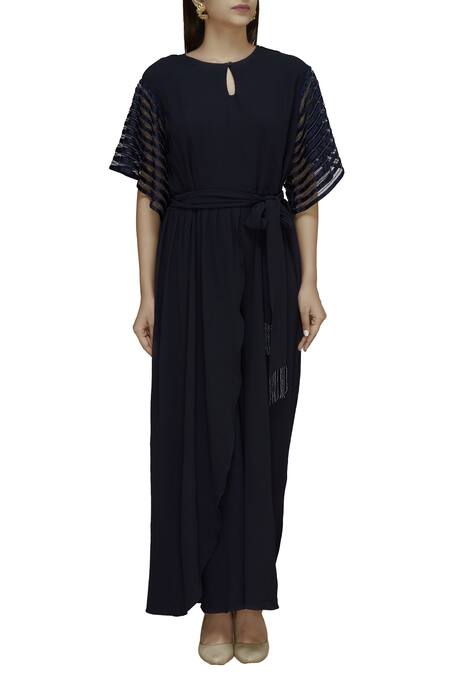 Shop_Ridhi Arora_Blue Bubble Crepe Round Embroidered Jumpsuit_Online_at_Aza_Fashions