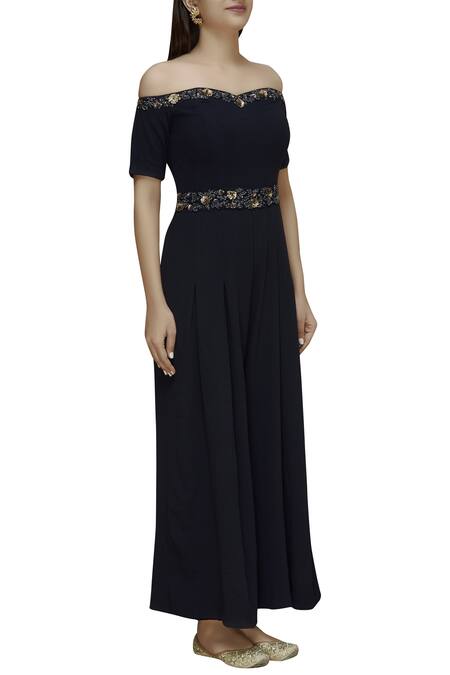 Ridhi Arora_Blue Bubble Crepe One Shoulder Embroidered Off Jumpsuit_Online_at_Aza_Fashions