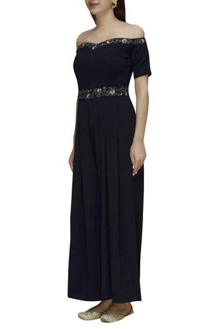 Buy_Ridhi Arora_Blue Bubble Crepe One Shoulder Embroidered Off Jumpsuit_Online_at_Aza_Fashions