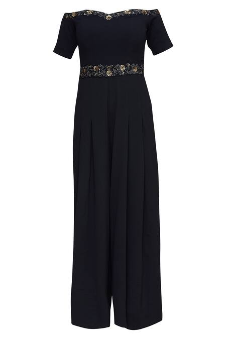 Shop_Ridhi Arora_Blue Bubble Crepe One Shoulder Embroidered Off Jumpsuit_Online_at_Aza_Fashions